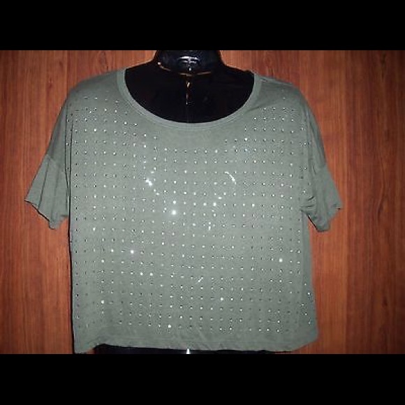 OLIVE GREEN, RHINESTONE TOP, SHORT-SLEEVES, NWT - Picture 2 of 4